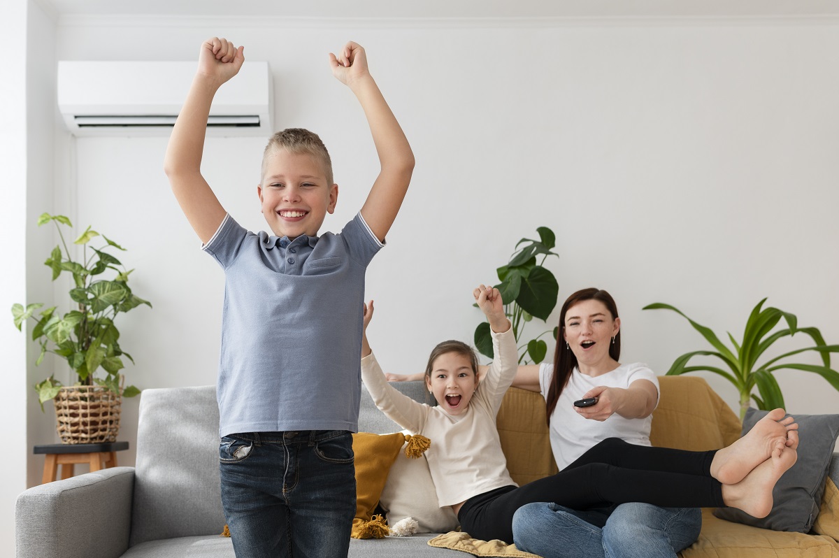 mom and kids in an air-conditioned living room